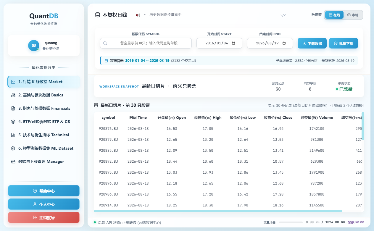 QuantDB 桌面客户端软件界面